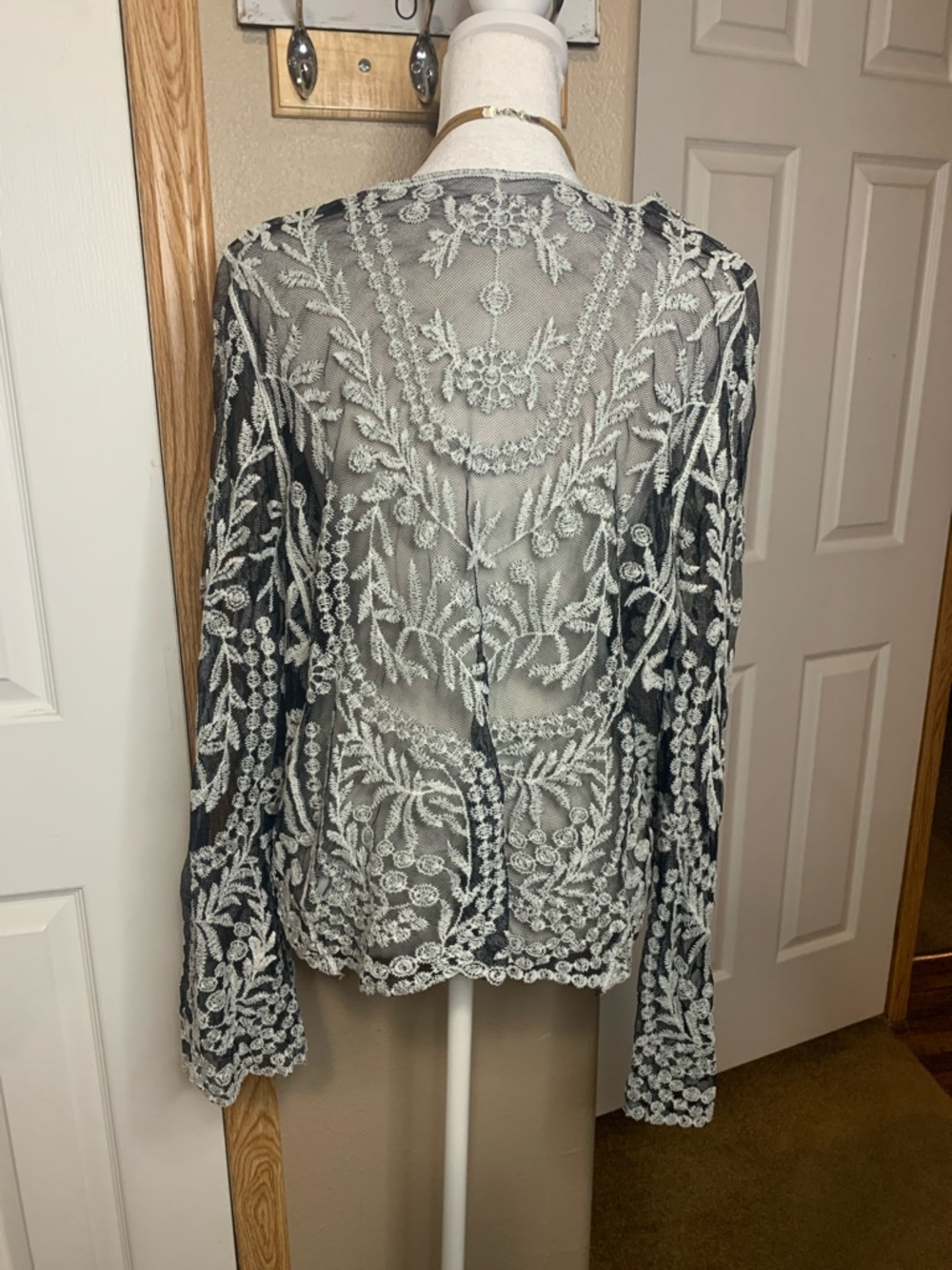 BOHO Sheer Black Blouse with White Floral Embroidery Scoop Neck Scallop Hems - Picture 5 of 7
